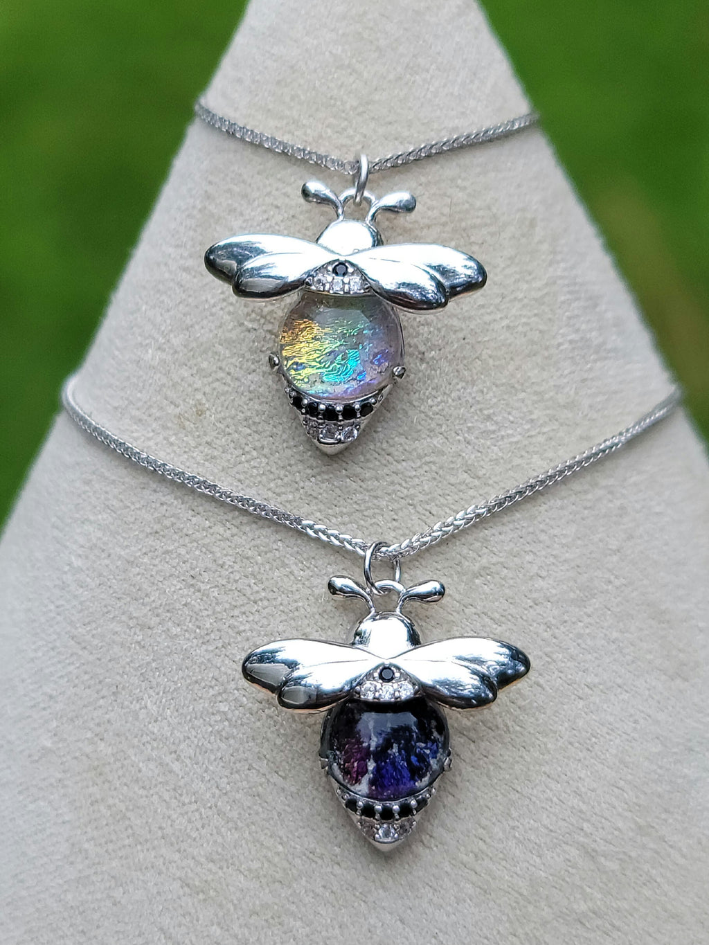 CZ Bumblebee Cremation Jewelry Ashes InFused Glass Sterling Silver Urn Pendant