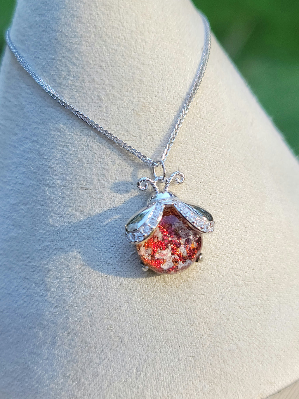 CZ Ladybug Cremation Jewelry Ashes InFused Glass Sterling Silver Urn Pendant