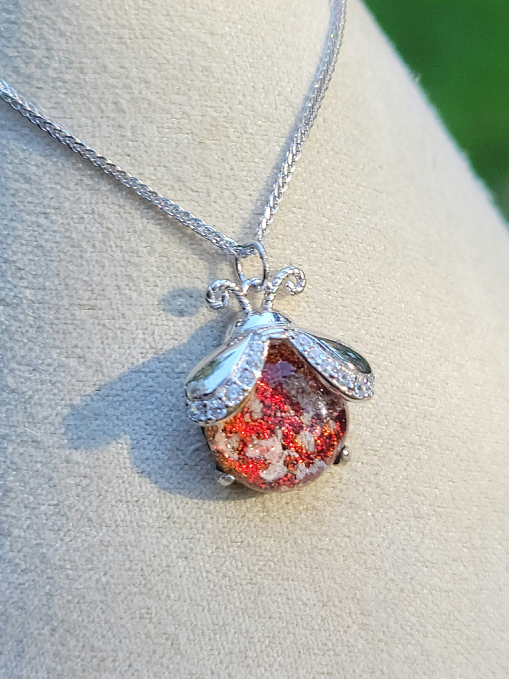 CZ Ladybug Cremation Jewelry Ashes InFused Glass Sterling Silver Urn Pendant