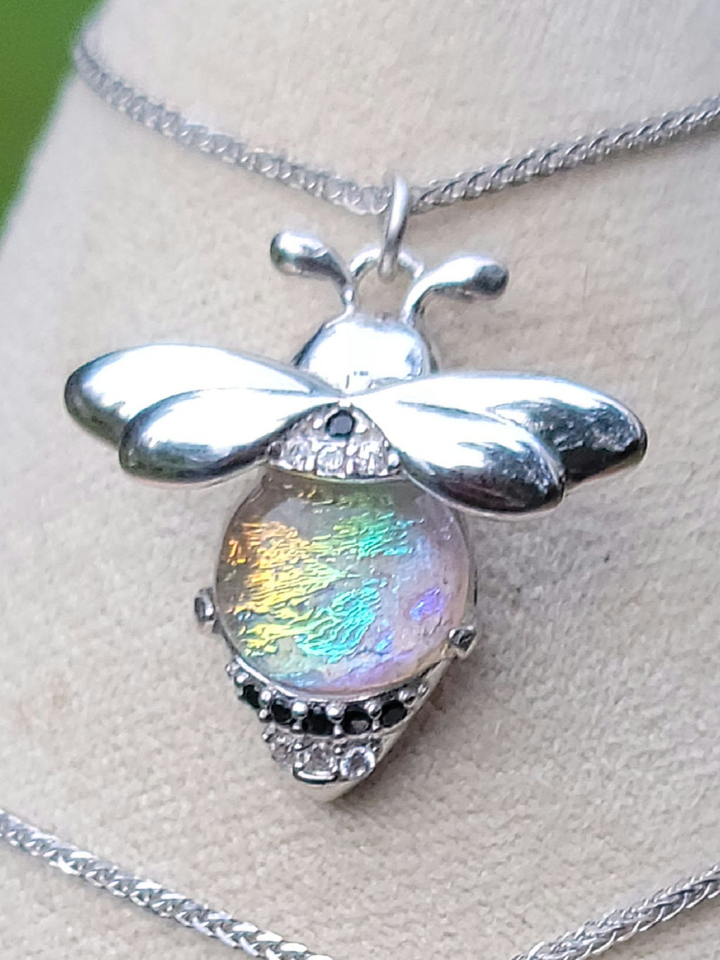 CZ Bumblebee Cremation Jewelry Ashes InFused Glass Sterling Silver Urn Pendant