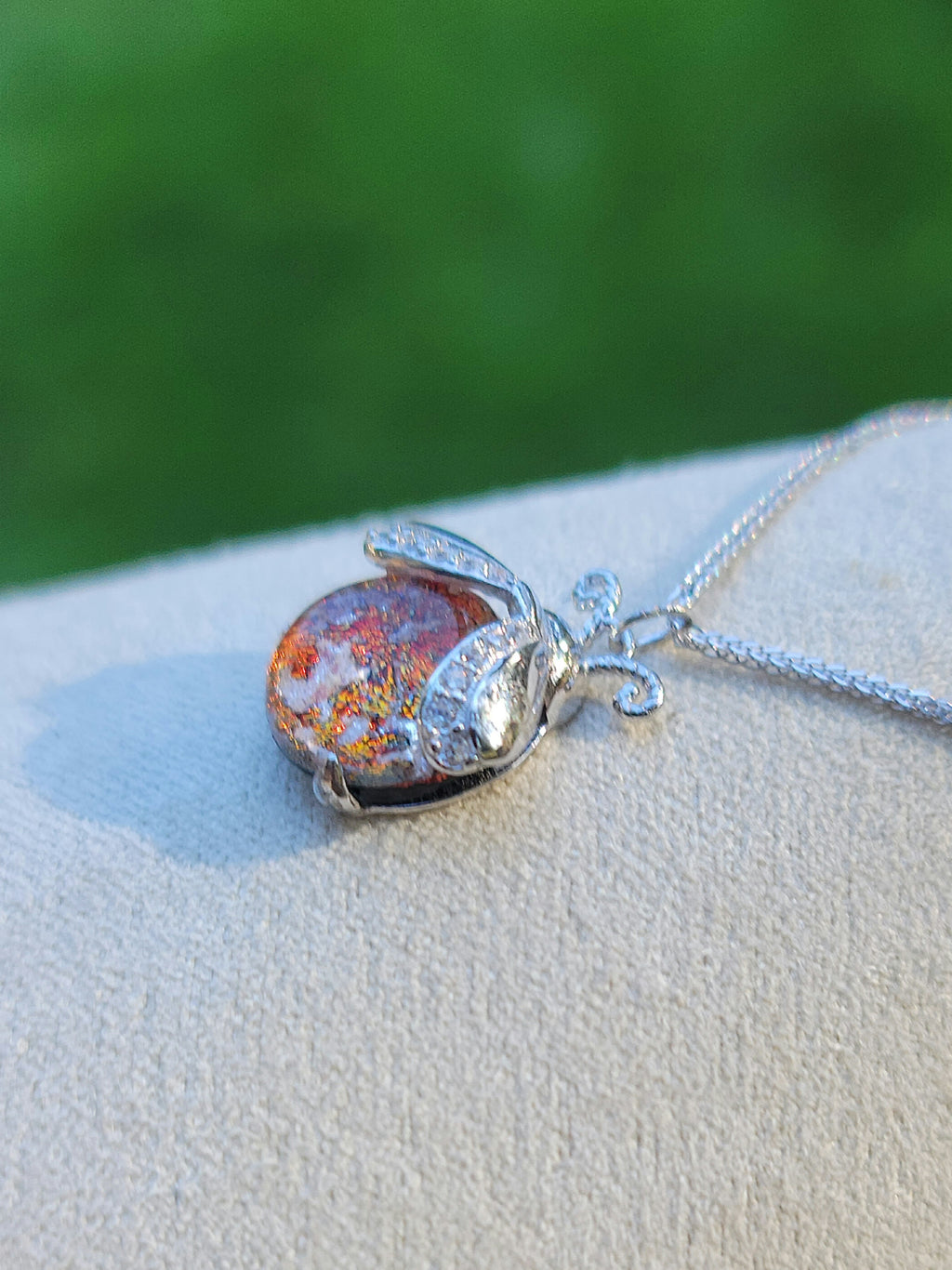 CZ Ladybug Cremation Jewelry Ashes InFused Glass Sterling Silver Urn Pendant