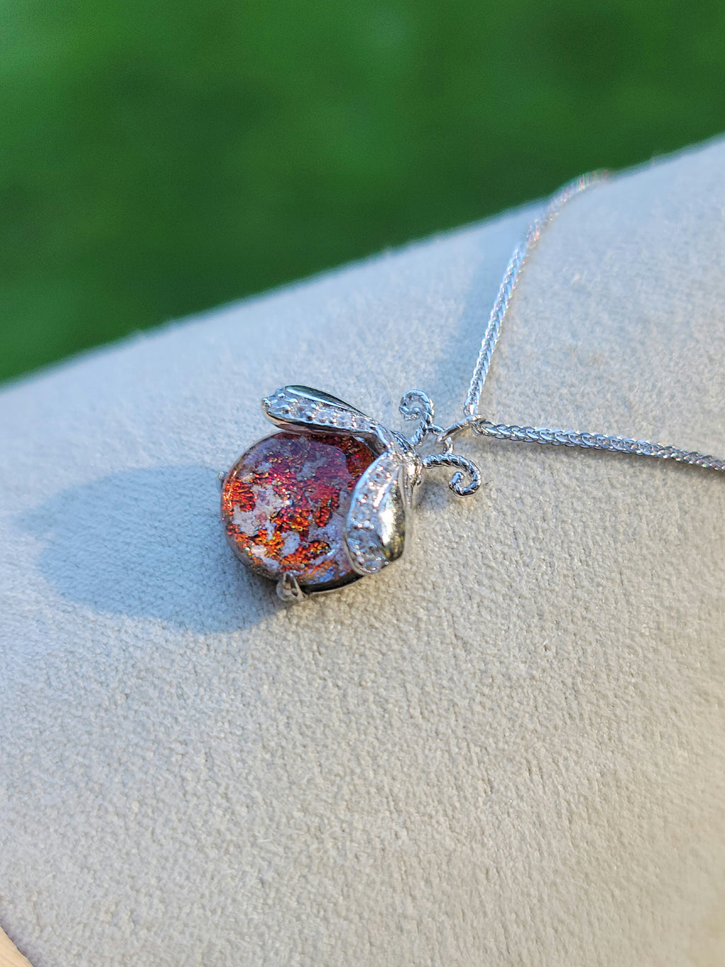 CZ Ladybug Cremation Jewelry Ashes InFused Glass Sterling Silver Urn Pendant