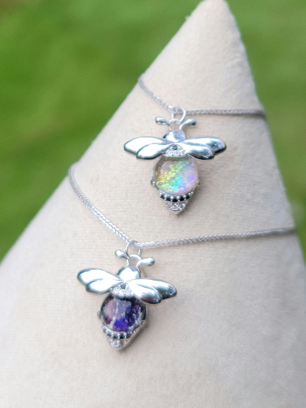 CZ Bumblebee Cremation Jewelry Ashes InFused Glass Sterling Silver Urn Pendant