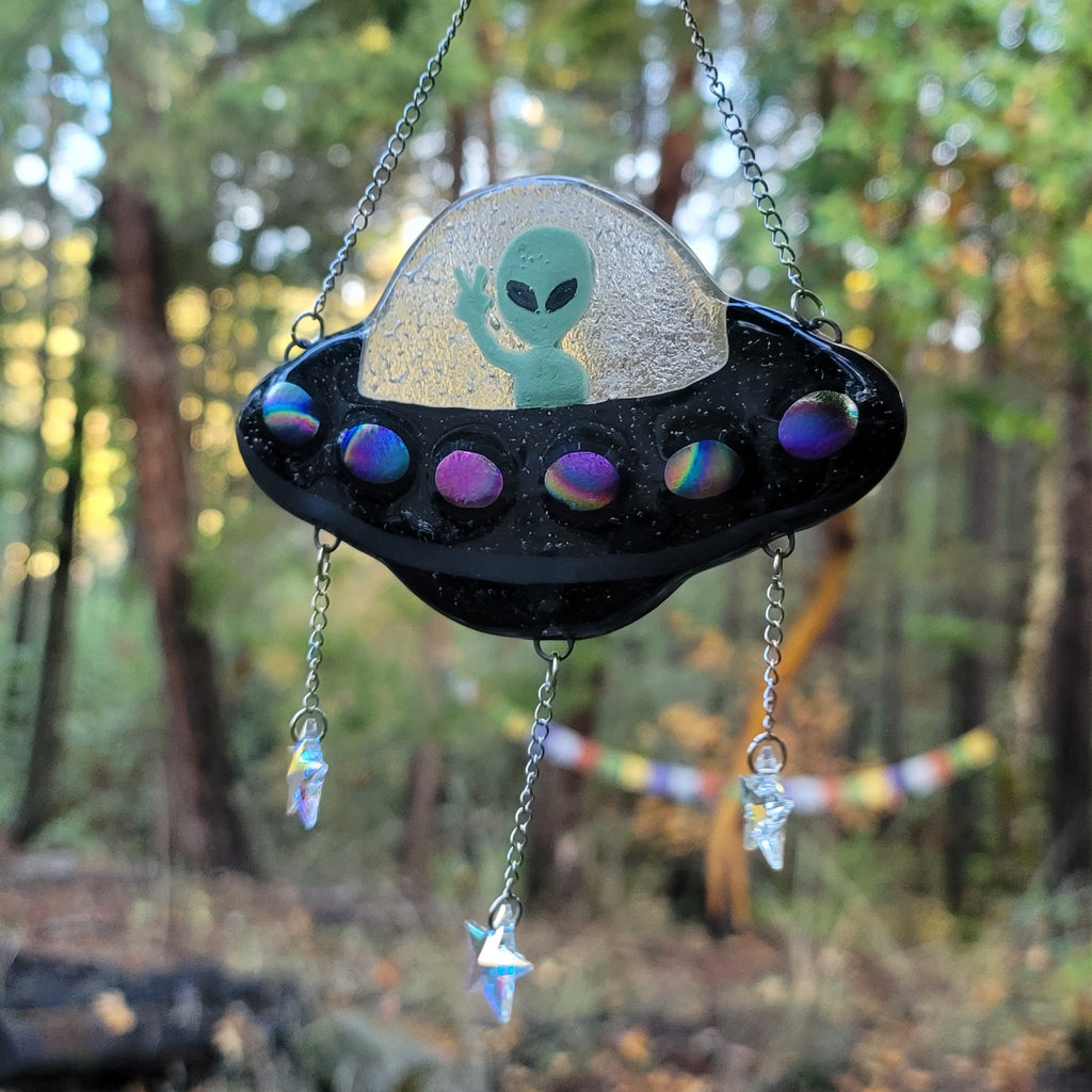 Alien Spaceship Sun Catchers  Cremation Ashes In Glass Memorial Urn 5inch