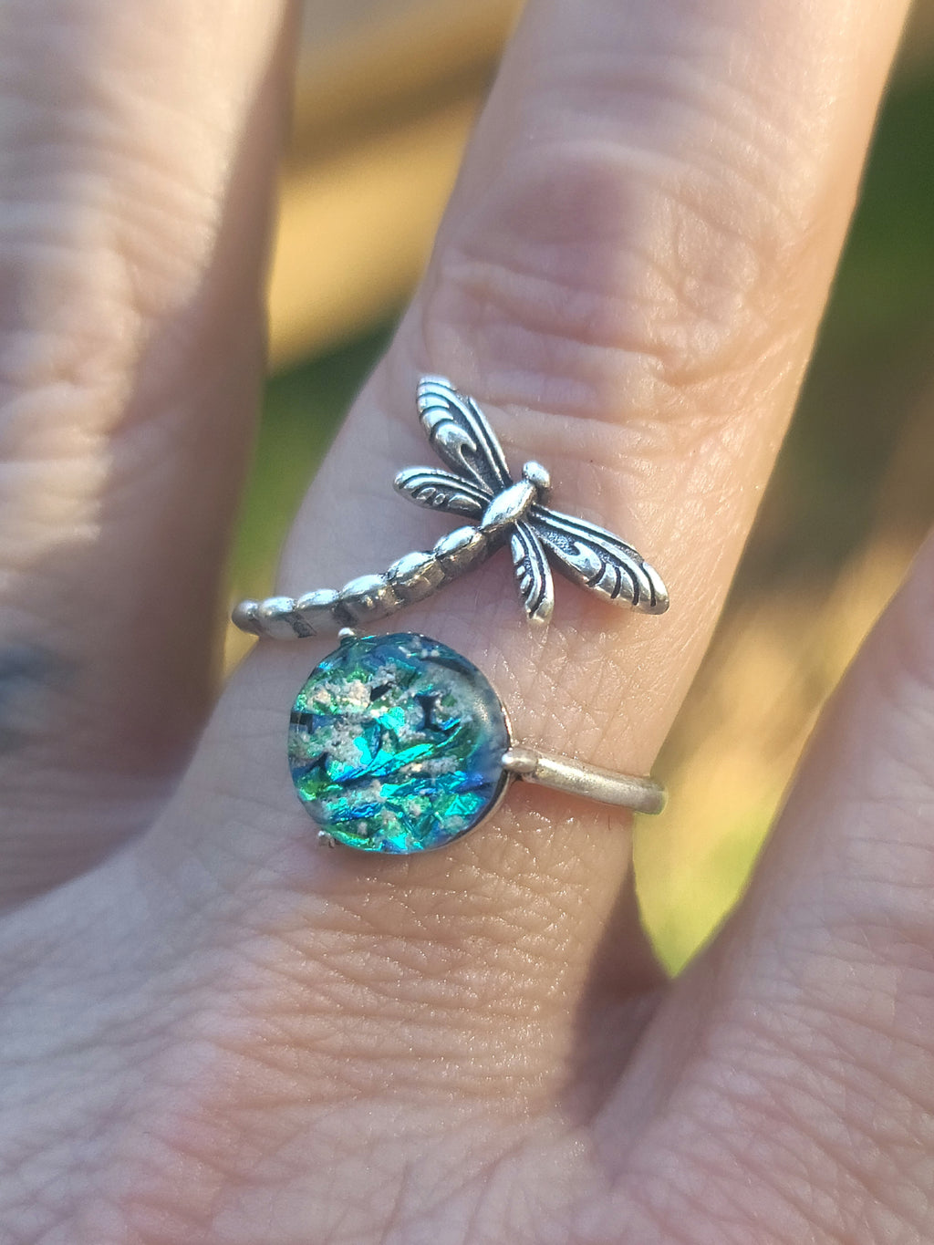 NEW Dragonfly Cremation Ring for Ashes InFused Glass Hard Sterling Silver Urn Adjustable Size Fits 6,7,8,9,10 Half Sizing