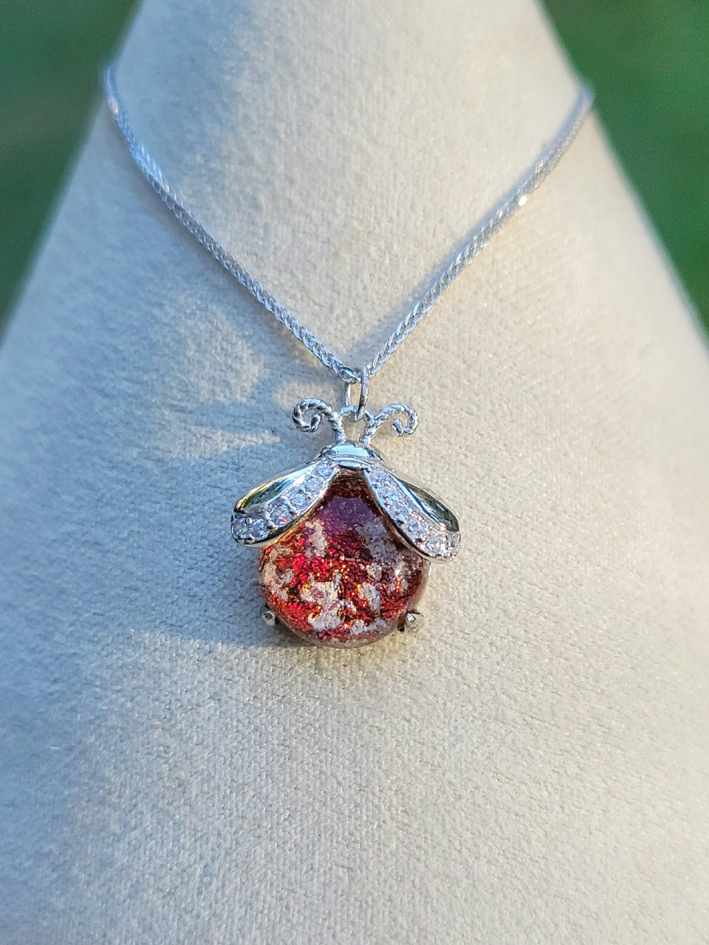 CZ Ladybug Cremation Jewelry Ashes InFused Glass Sterling Silver Urn Pendant