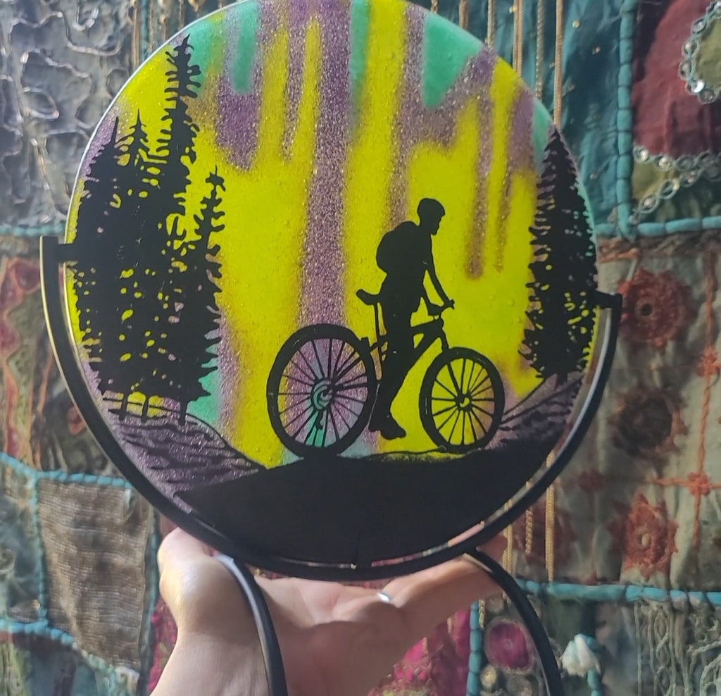 NEW Northern Lights Mountain Bike Ride Ashes InFused Glass Cremation Memorial Art