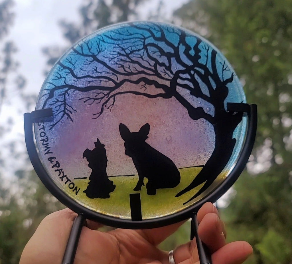 NEW Custom Puppies Tree of Life Shillouettes Ashes InFused Glass Cremation Memorial Art