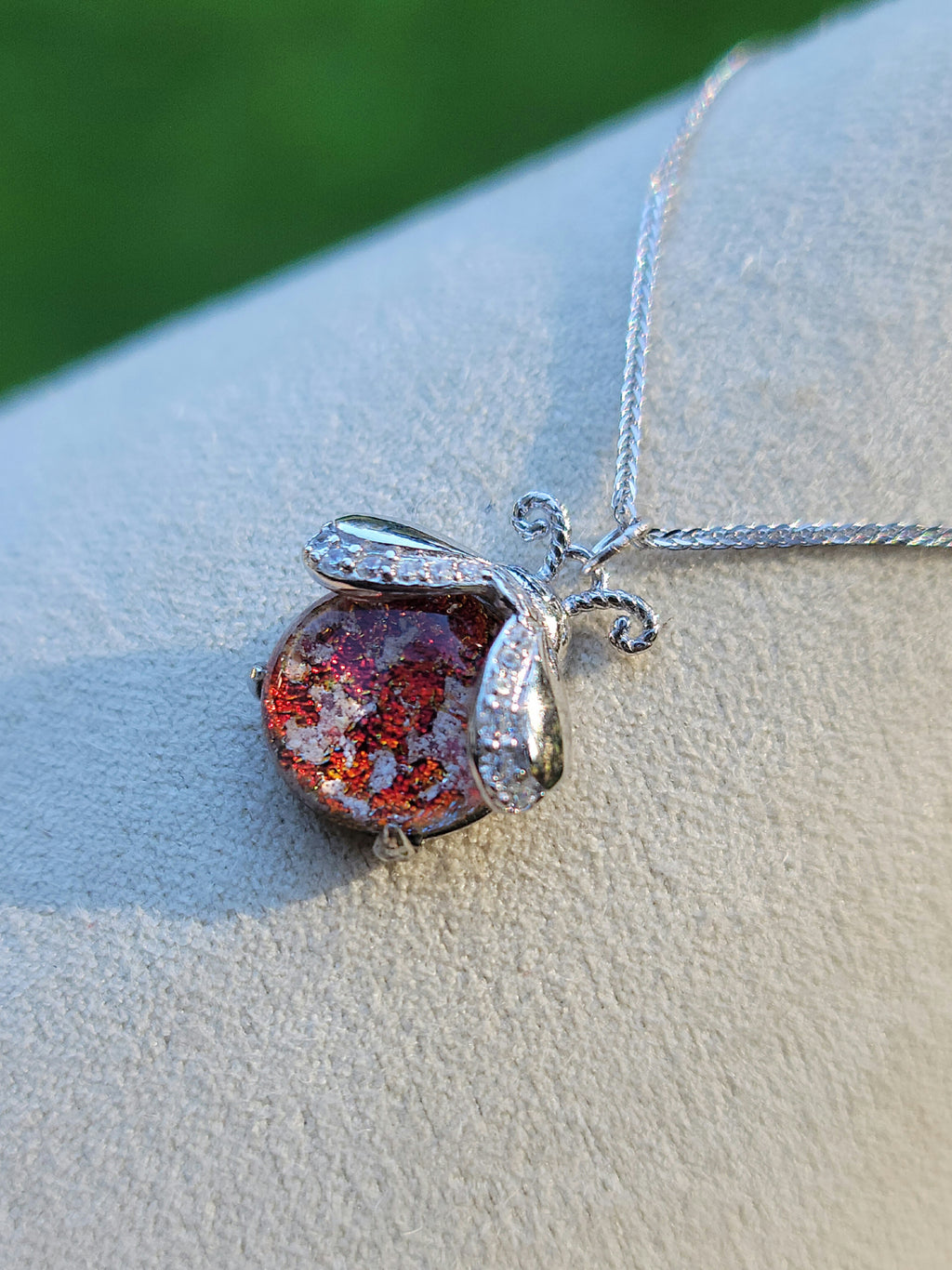 CZ Ladybug Cremation Jewelry Ashes InFused Glass Sterling Silver Urn Pendant