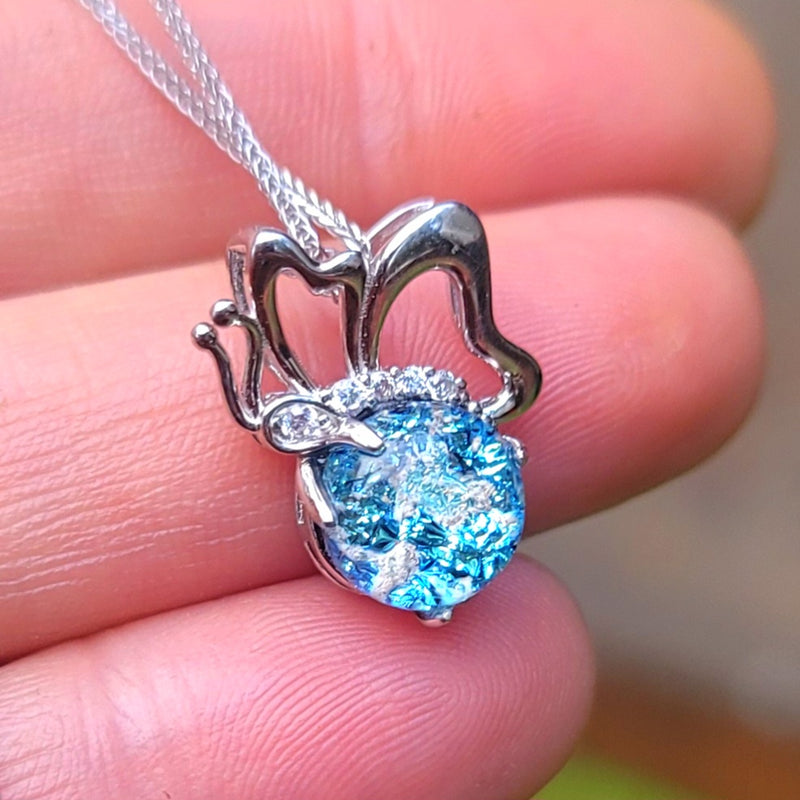 CZ Butterfly Cremation Jewelry Ashes InFused Glass Sterling Silver Urn Pendant