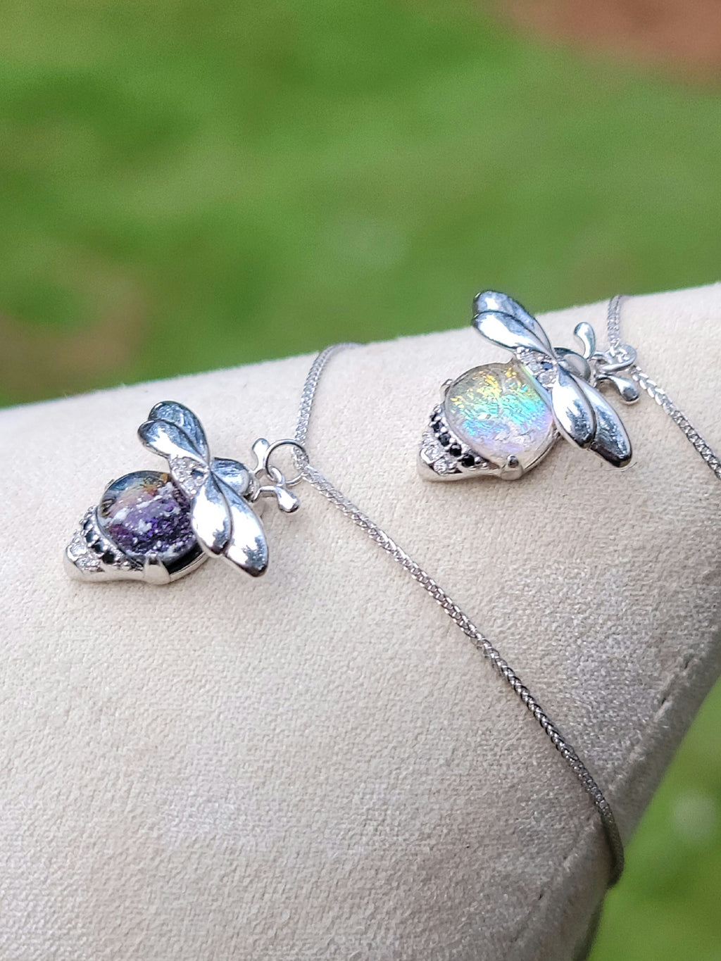 CZ Bumblebee Cremation Jewelry Ashes InFused Glass Sterling Silver Urn Pendant