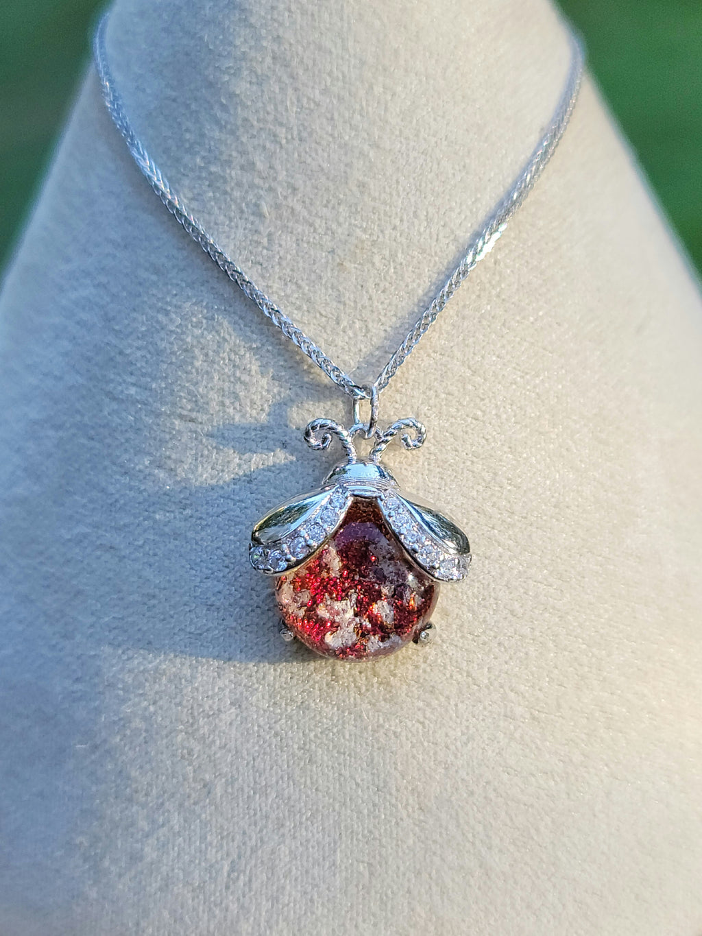 CZ Ladybug Cremation Jewelry Ashes InFused Glass Sterling Silver Urn Pendant