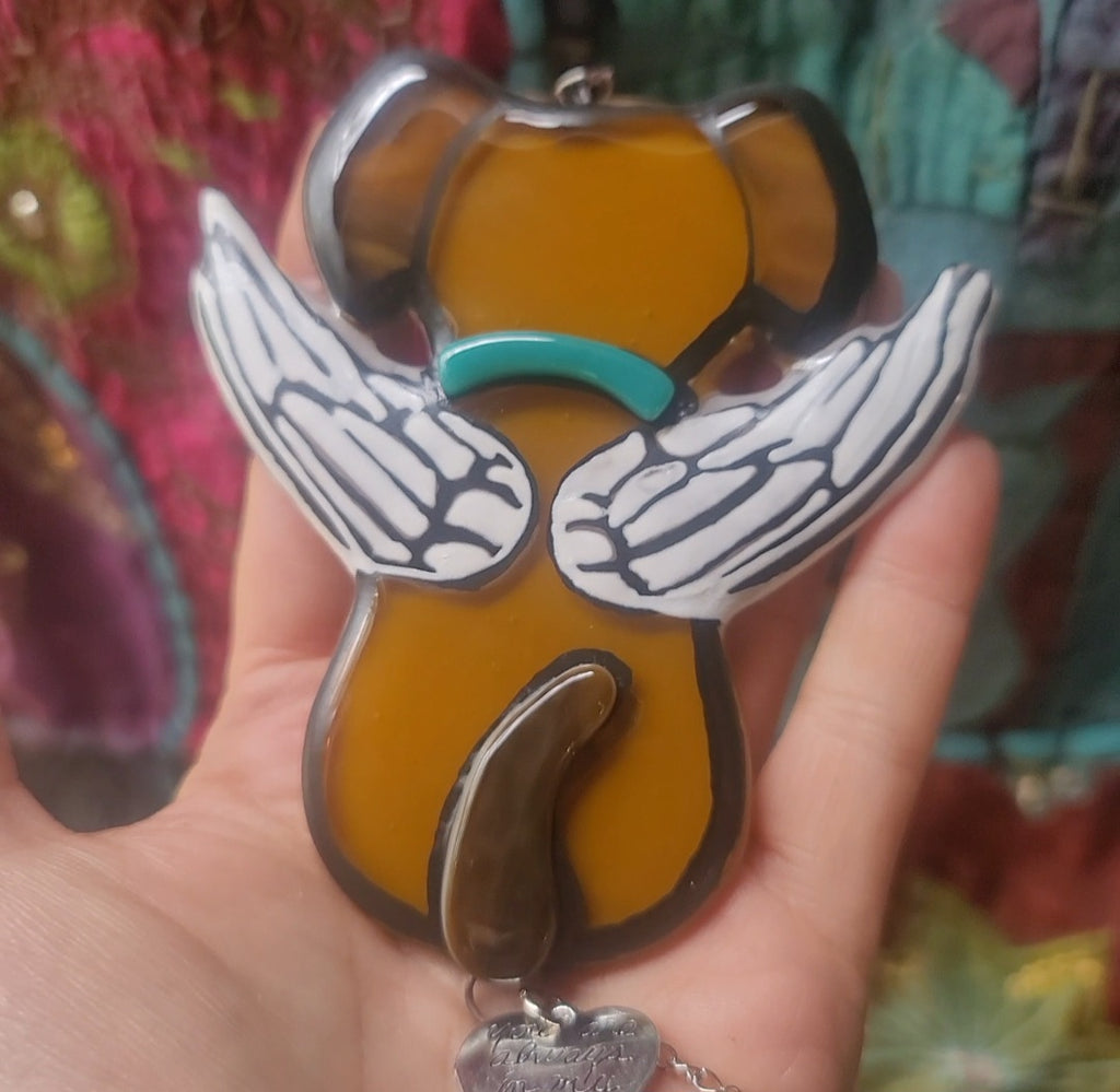 NEW Angel Puppy Cremation Art Sun Catcher Ashes Infused Glass Memorial 4 inch