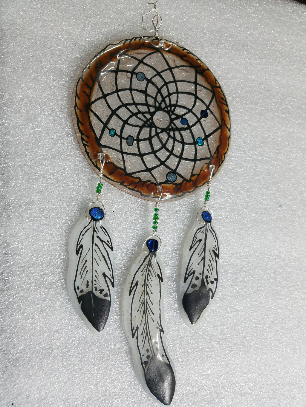 Ashes InFused Glass Cremation Art Sun Catcher 6 inch Dream Catcher 3 Feathers