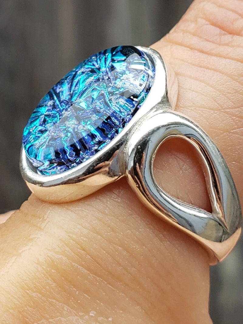 aqua crinkle loop ring sterling silver, cremation jewelry, memorial jewelry, pet memorial jewelry, cremation ring, memorial ring, handmade, urn ring, ashes in glass, ashes InFused Glass, ring for Ashes, sympathy gift USA Handmade by Infusion Glass Artist Joele Williams Human and Pet Cremation Ash Remembrance Urns AshesInfusedGlass.com