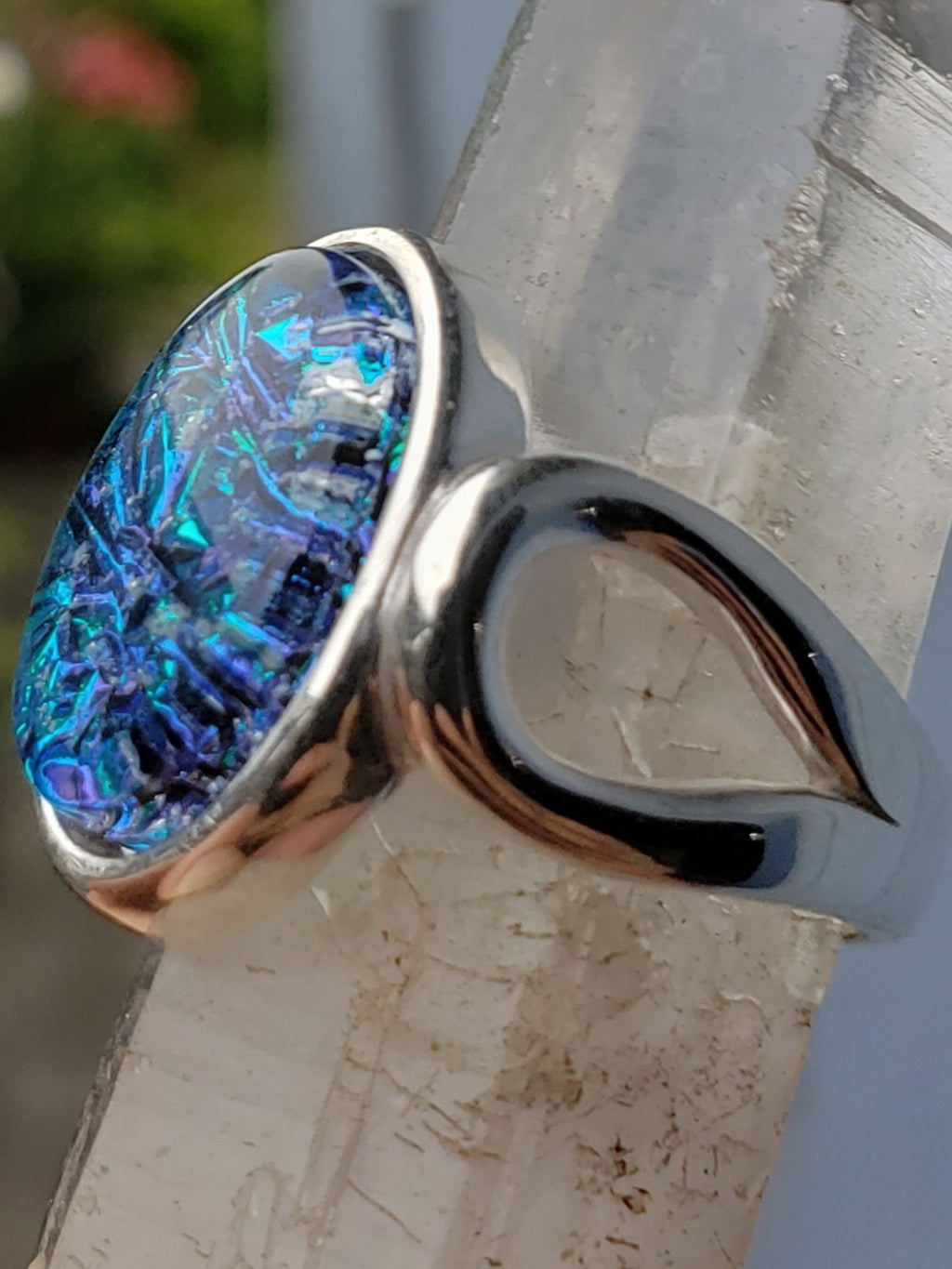 side view loop ring sterling silver, cremation jewelry, memorial jewelry, pet memorial jewelry, cremation ring, memorial ring, handmade, urn ring, ashes in glass, ashes InFused Glass, ring for Ashes, sympathy gift USA Handmade by Infusion Glass Artist Joele Williams Human and Pet Cremation Ash Remembrance Urns AshesInfusedGlass.com