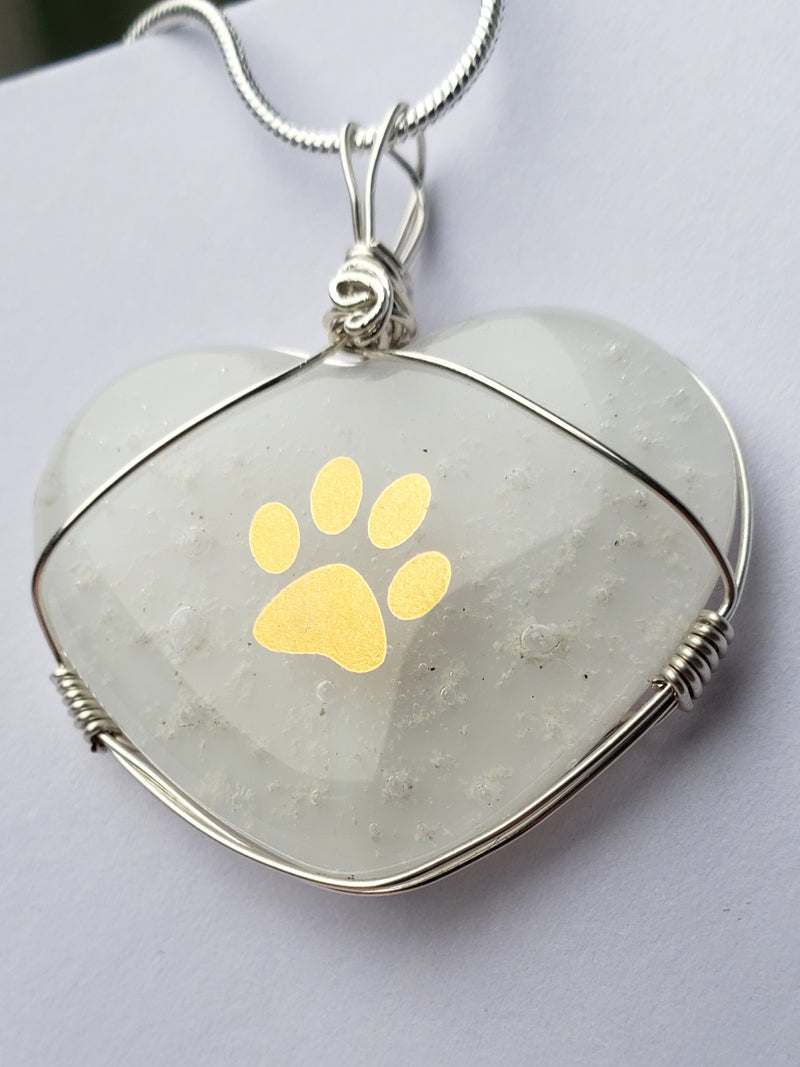 Cremation Jewelry Paw Print Heart Necklace Ashes InFused Glass Keepsake Urn