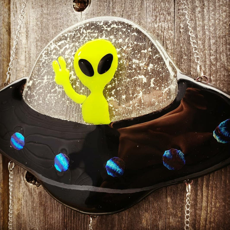 Alien Spaceship Sun Catchers Handmade Stars Cremation Ashes In Glass Memorial Urn 8x12