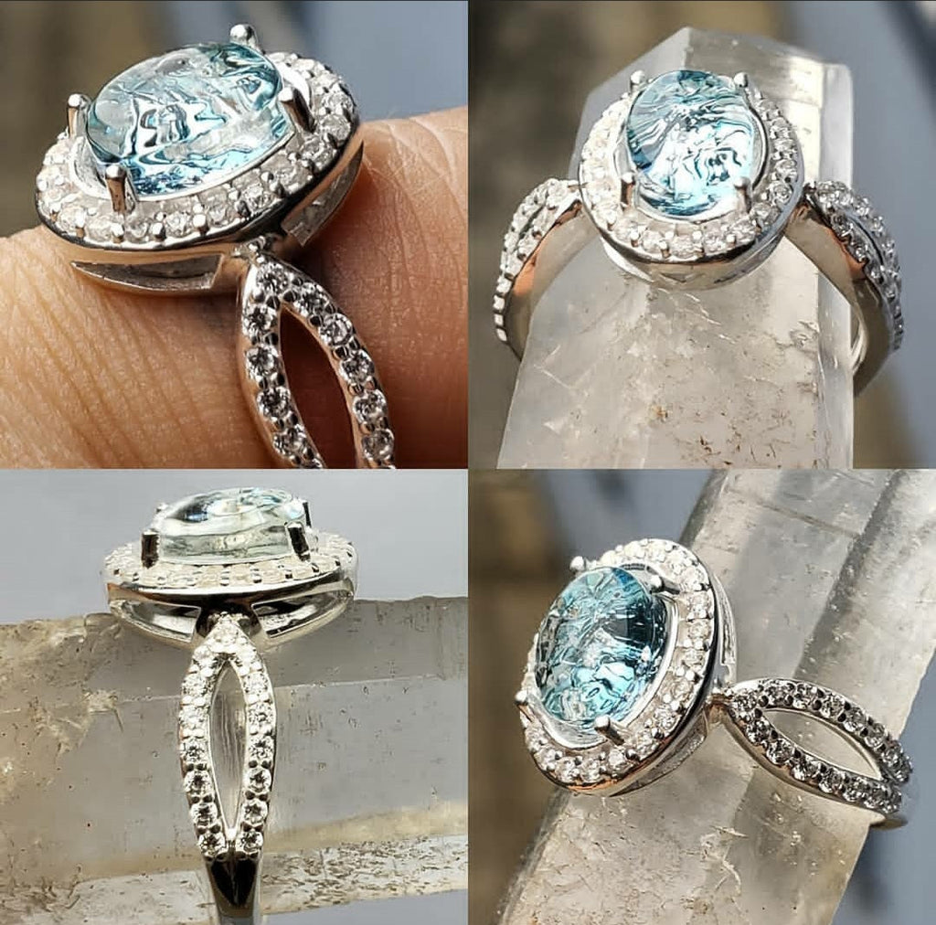 Engagement Style Ashes InFused Glass Cremation Ring Paved in CZ 7,8