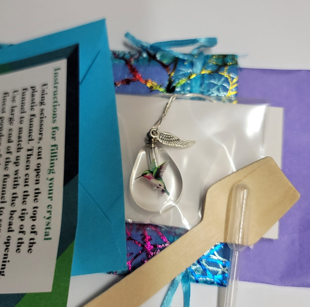 DIY Hummingbird Teardrop Cremation Jewelry Necklace Sympathy Kit Gift Wrapped with Tools