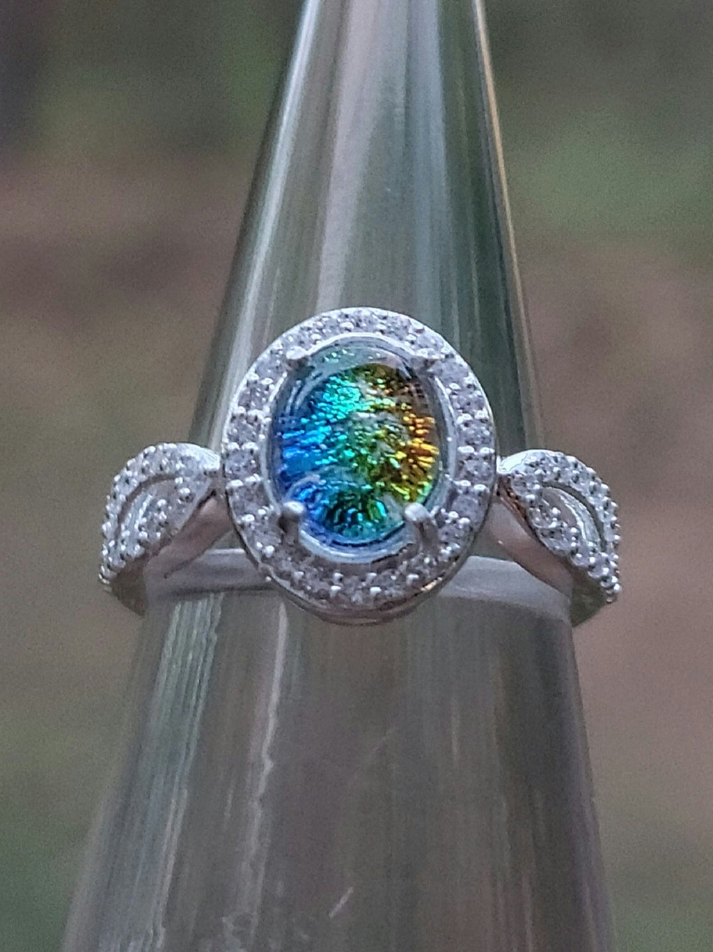 Engagement Style Ashes InFused Glass Cremation Ring Paved in CZ 7,8