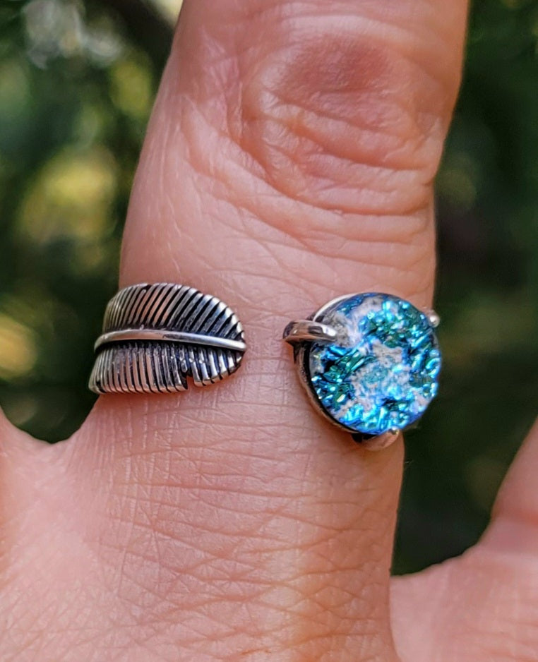 NEW Feather Cremation Ring Ashes InFused Glass Urn Adjustable One Size Fits 6,7,8,9 Sterling Silver