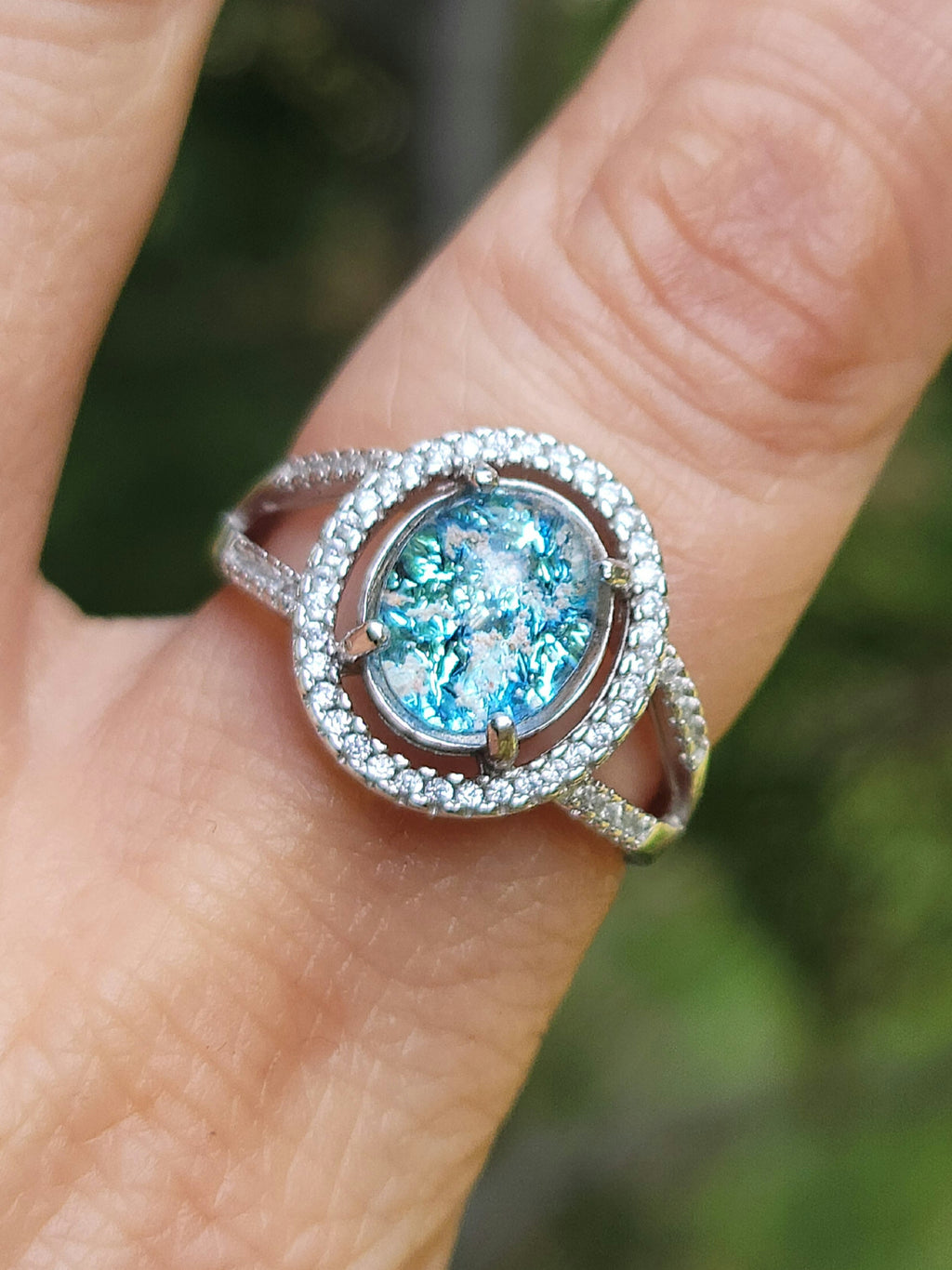 10x9mm Engagement Cremation Ring Ashes InFused Glass 52 CZ Sterling Silver Urn 7,8,9