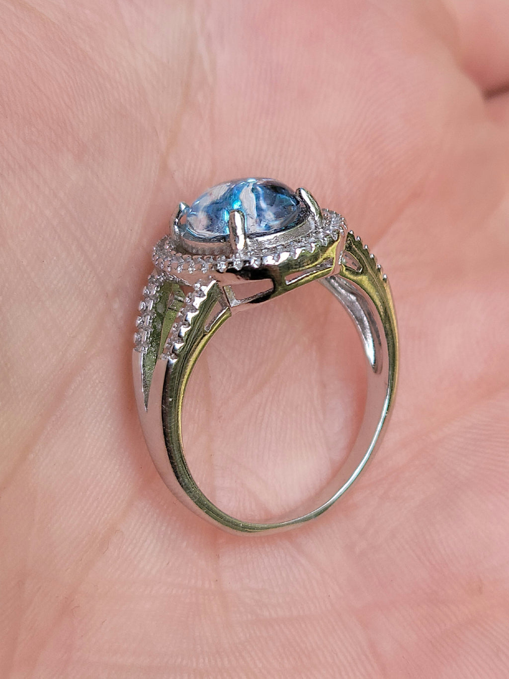 10x9mm Engagement Cremation Ring Ashes InFused Glass 52 CZ Sterling Silver Urn 7,8,9
