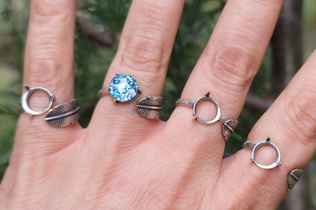 CLEARANCE Feather Cremation Ring Ashes InFused Glass Urn Adjustable One Size Fits 6,7,8,9 Sterling Silver