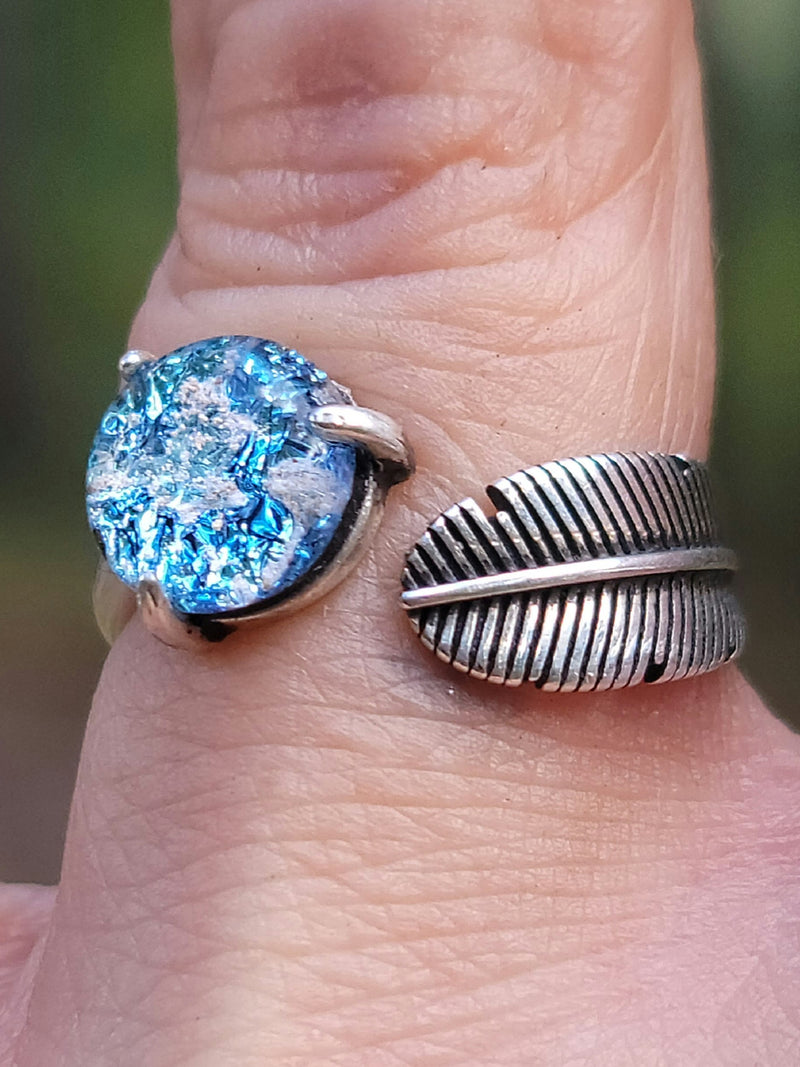 CLEARANCE Feather Cremation Ring Ashes InFused Glass Urn Adjustable One Size Fits 6,7,8,9 Sterling Silver