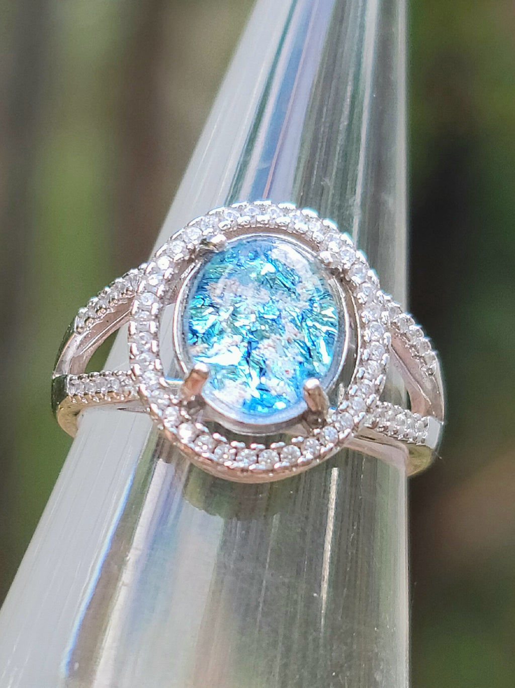 10x9mm Engagement Cremation Ring Ashes InFused Glass 52 CZ Sterling Silver Urn 7,8,9
