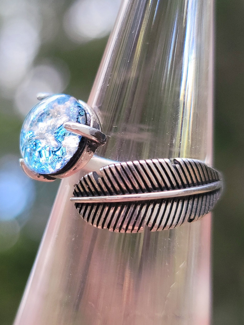 NEW Feather Cremation Ring Ashes InFused Glass Urn Adjustable One Size Fits 6,7,8,9 Sterling Silver