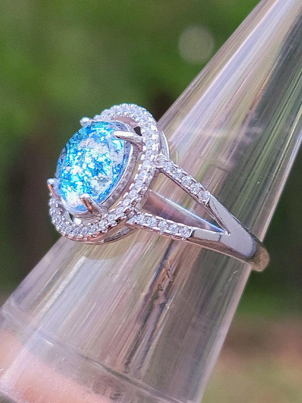 10x9mm Engagement Cremation Ring Ashes InFused Glass 52 CZ Sterling Silver Urn 7,8,9