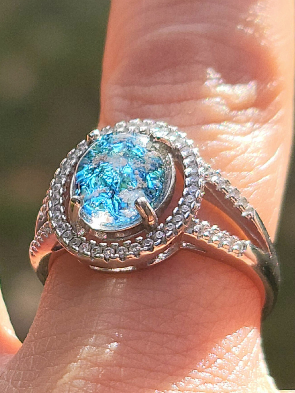 10x9mm Engagement Cremation Ring Ashes InFused Glass 52 CZ Sterling Silver Urn 7,8,9