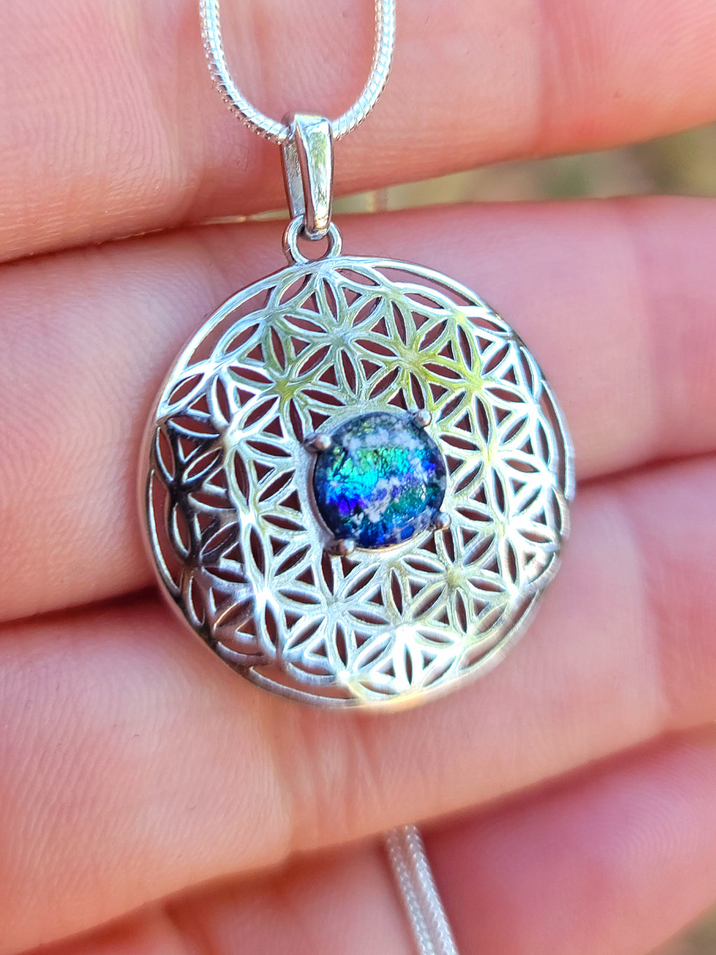 NEW Boho Flower of Life Cremation Jewelry Pendant Sacred Geometry Ashes InFused Glass