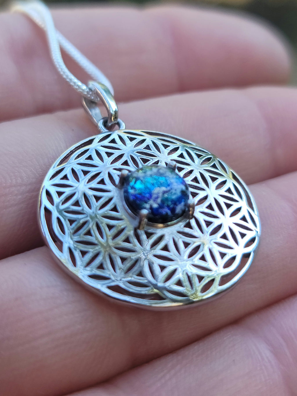 NEW Boho Flower of Life Cremation Jewelry Pendant Sacred Geometry Ashes InFused Glass