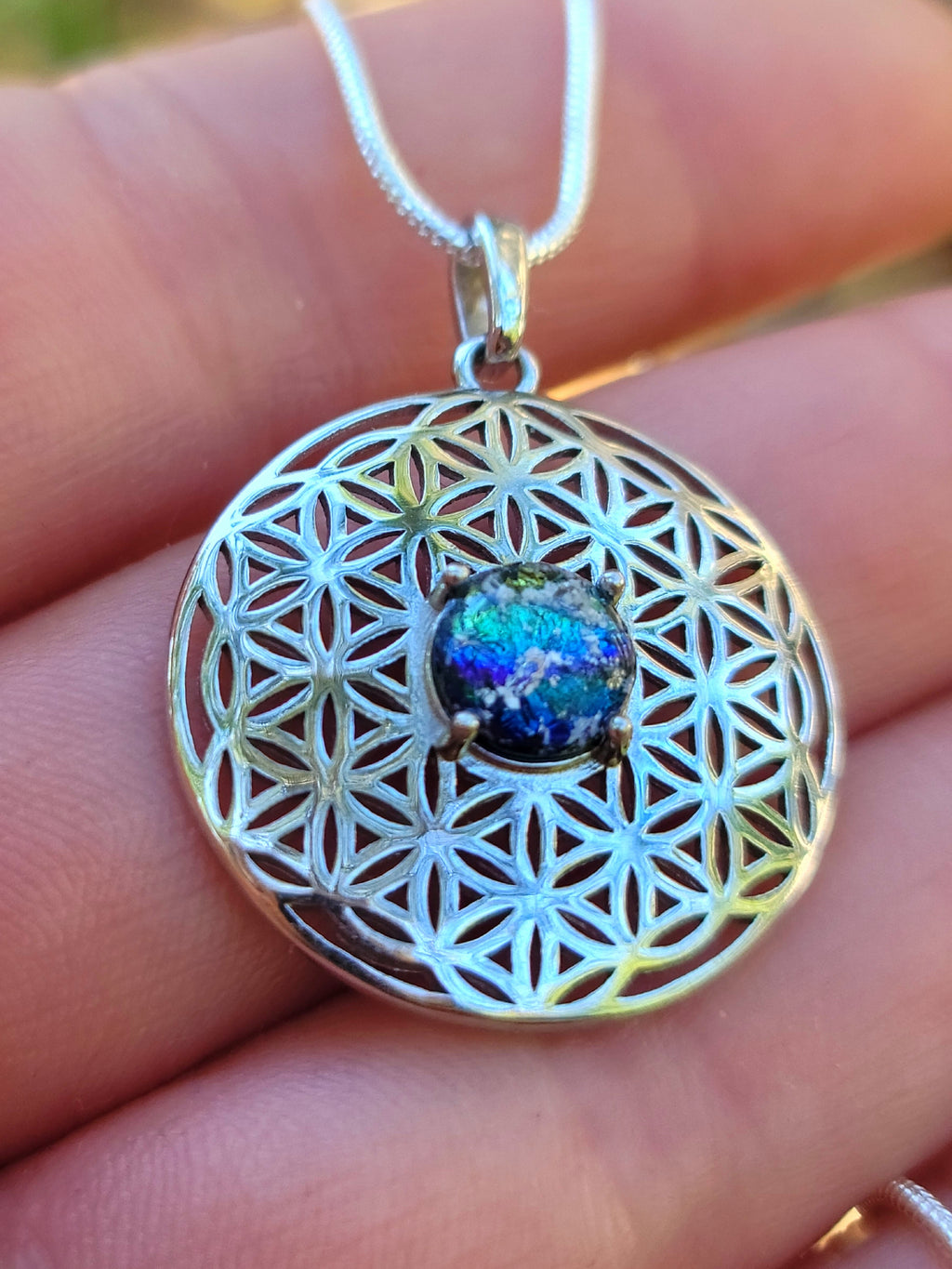 NEW Boho Flower of Life Cremation Jewelry Pendant Sacred Geometry Ashes InFused Glass