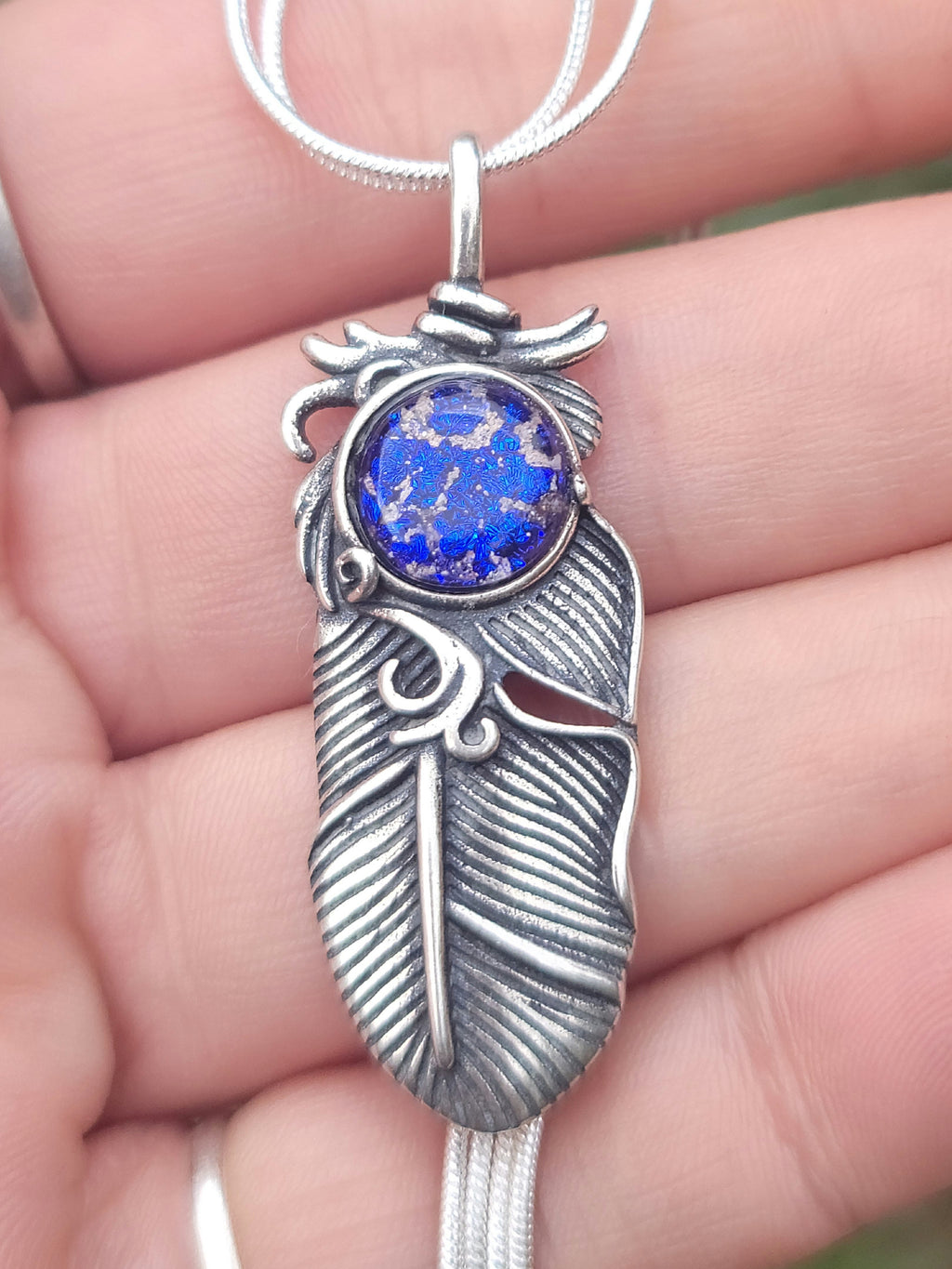 NEW Boho Feather Cremation Jewelry 10mm Ashes InFused Glass Pendant Sterling Silver