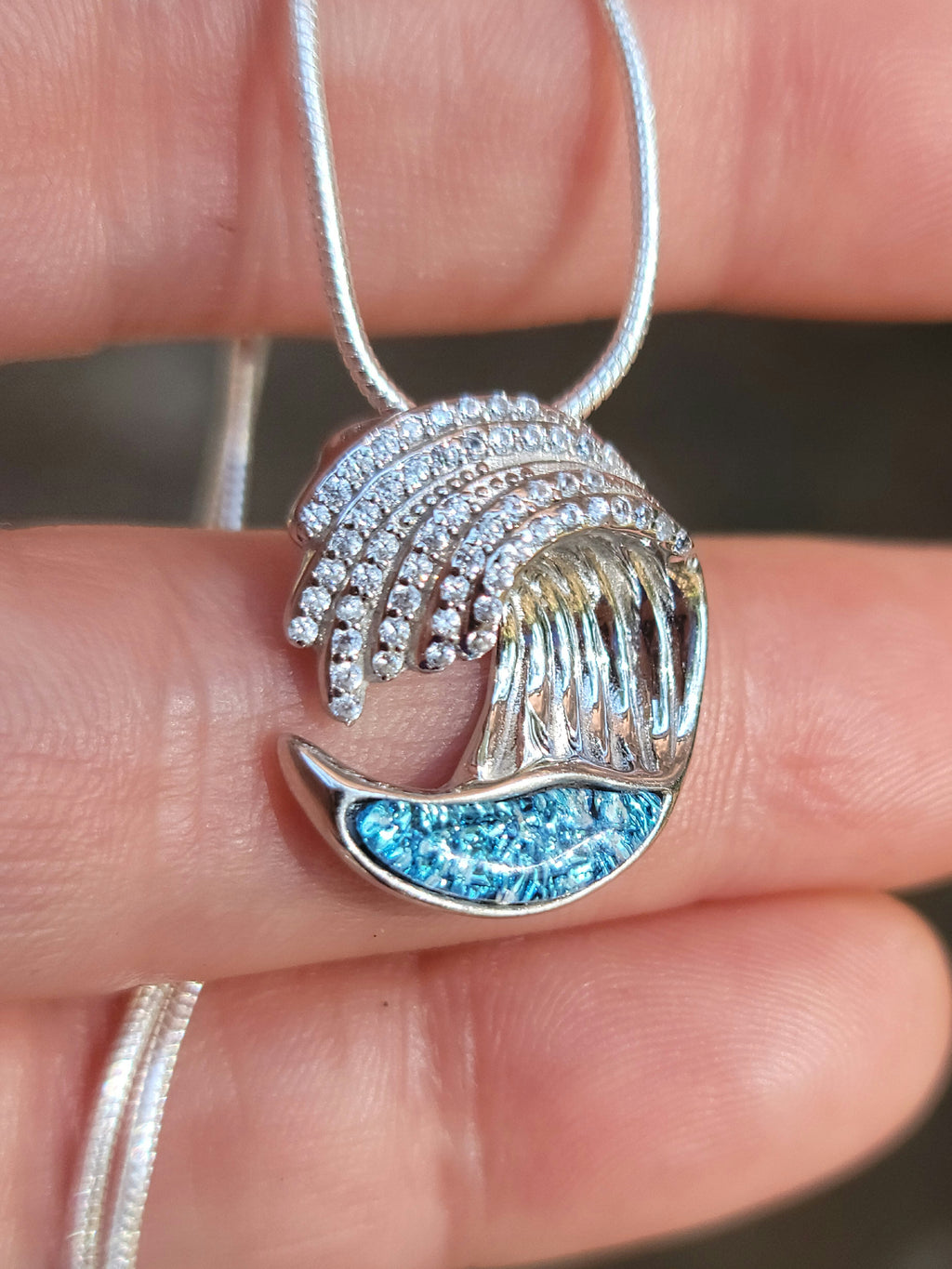 NEW 3D Ocean Wave Cremation Jewelry Pendant Ashes InFused Ocean Beach Urn Necklace CZ Paved Waves
