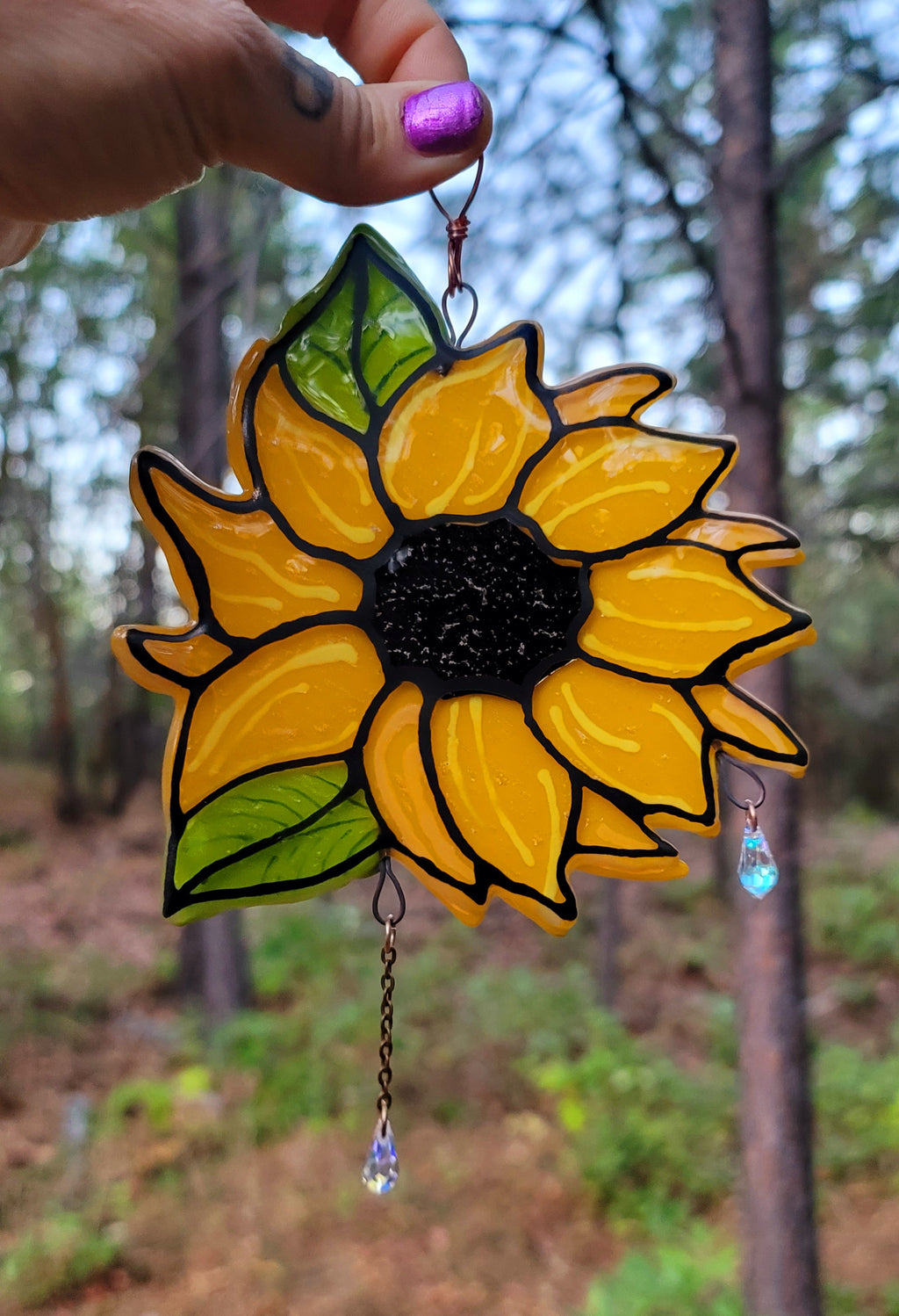 NEW Sunflower Cremation Art Sun Catcher Ashes Infused Glass Memorial 7inch