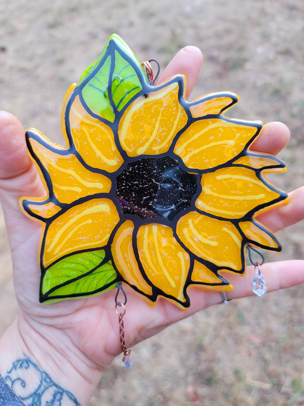 NEW Sunflower Cremation Art Sun Catcher Ashes Infused Glass Memorial 7inch