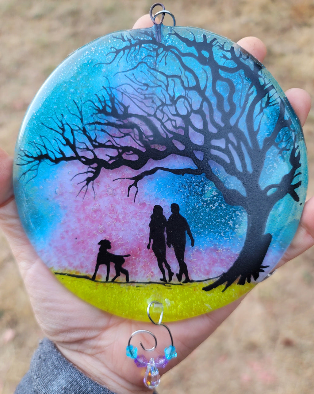 Tree of life Cremation Ashes InFused Glass Family Dog Walk Sunset Urn Sun Catchers