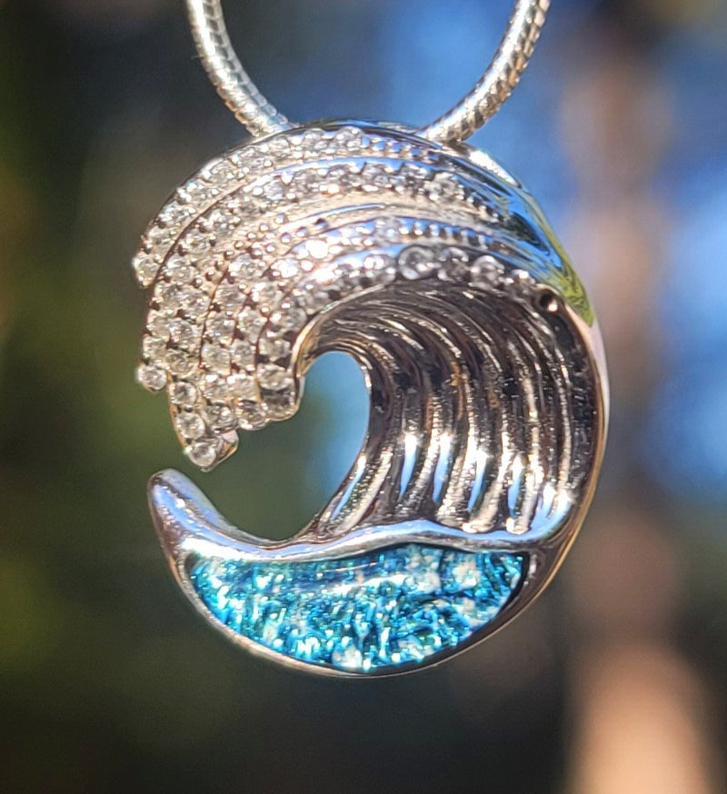 3D Ocean Wave Cremation Jewelry Pendant Ashes InFused Ocean Beach Urn Necklace CZ Paved Waves