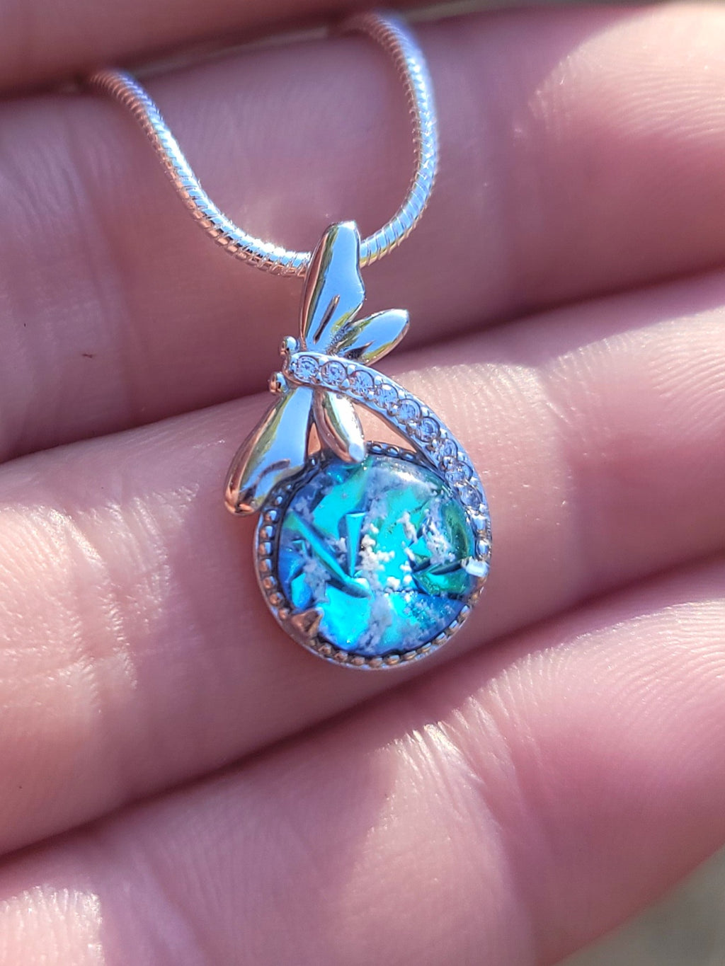 CZ Dragonfly Cremation Jewelry Ashes InFused Glass Sterling Silver Urn Pendant