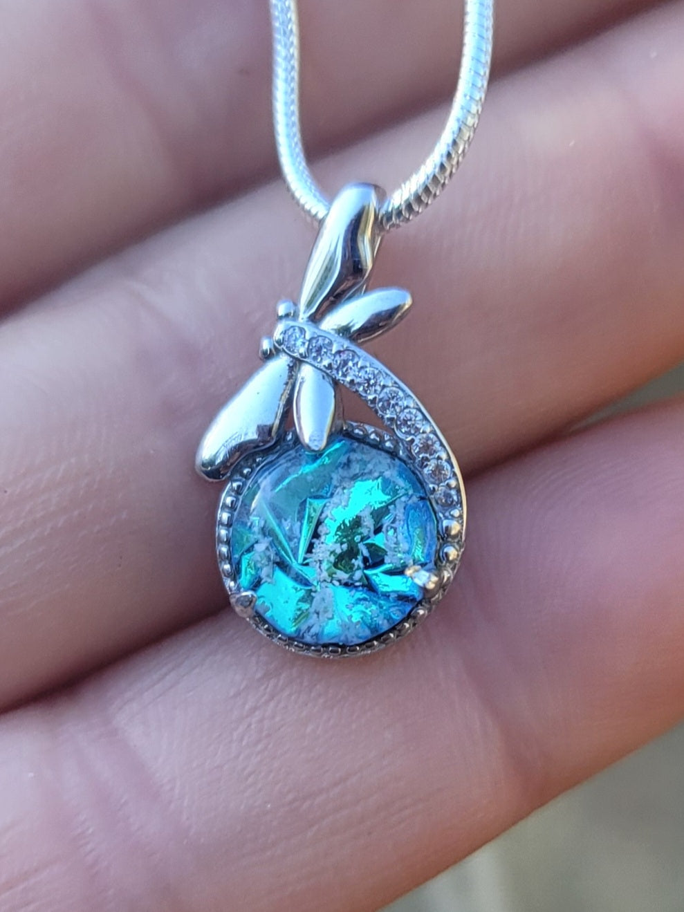 CZ Dragonfly Cremation Jewelry Ashes InFused Glass Sterling Silver Urn Pendant