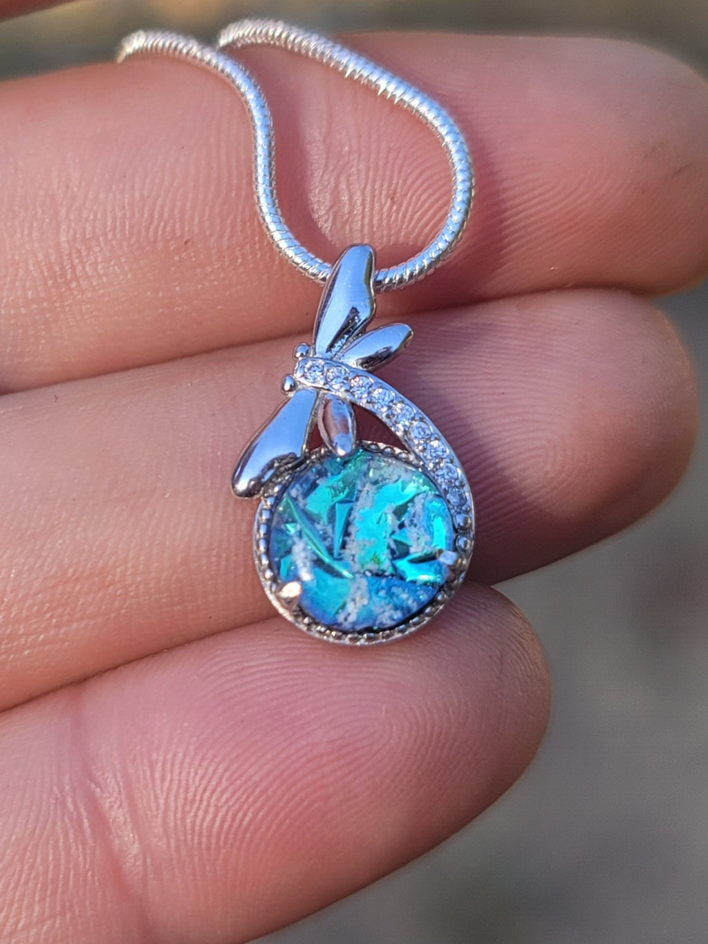 CZ Dragonfly Cremation Jewelry Ashes InFused Glass Sterling Silver Urn Pendant