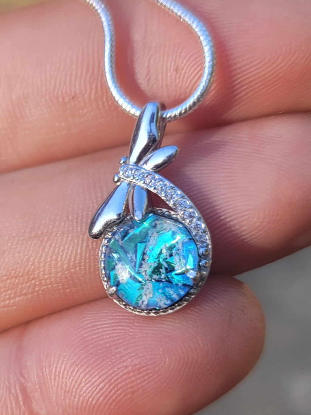 CZ Dragonfly Cremation Jewelry Ashes InFused Glass Sterling Silver Urn Pendant