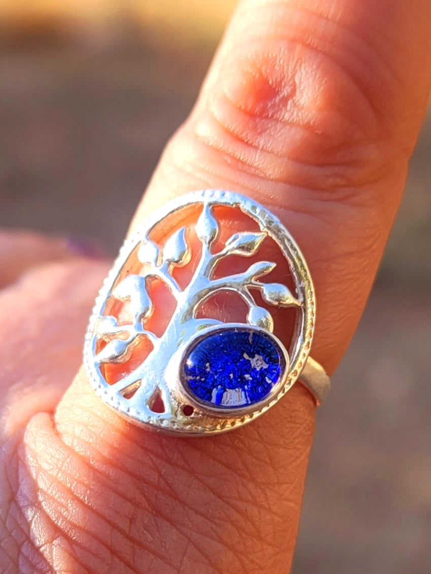 NEW Tree Of Life Cremation Jewelry Ashes InFused Glass Bohemian Bali Silver Ring For Ashes