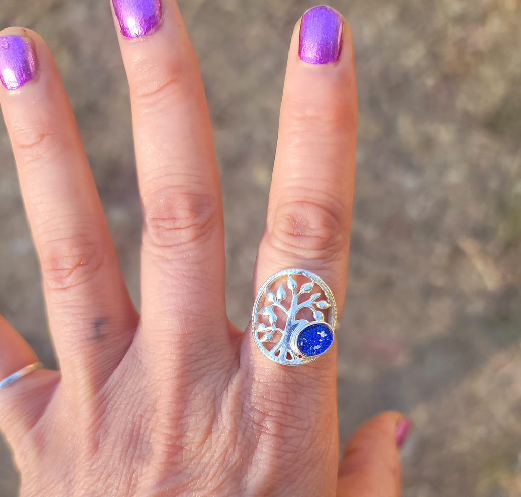 Tree Of Life Cremation Jewelry Ashes InFused Glass Bohemian Bali Silver Ring For Ashes