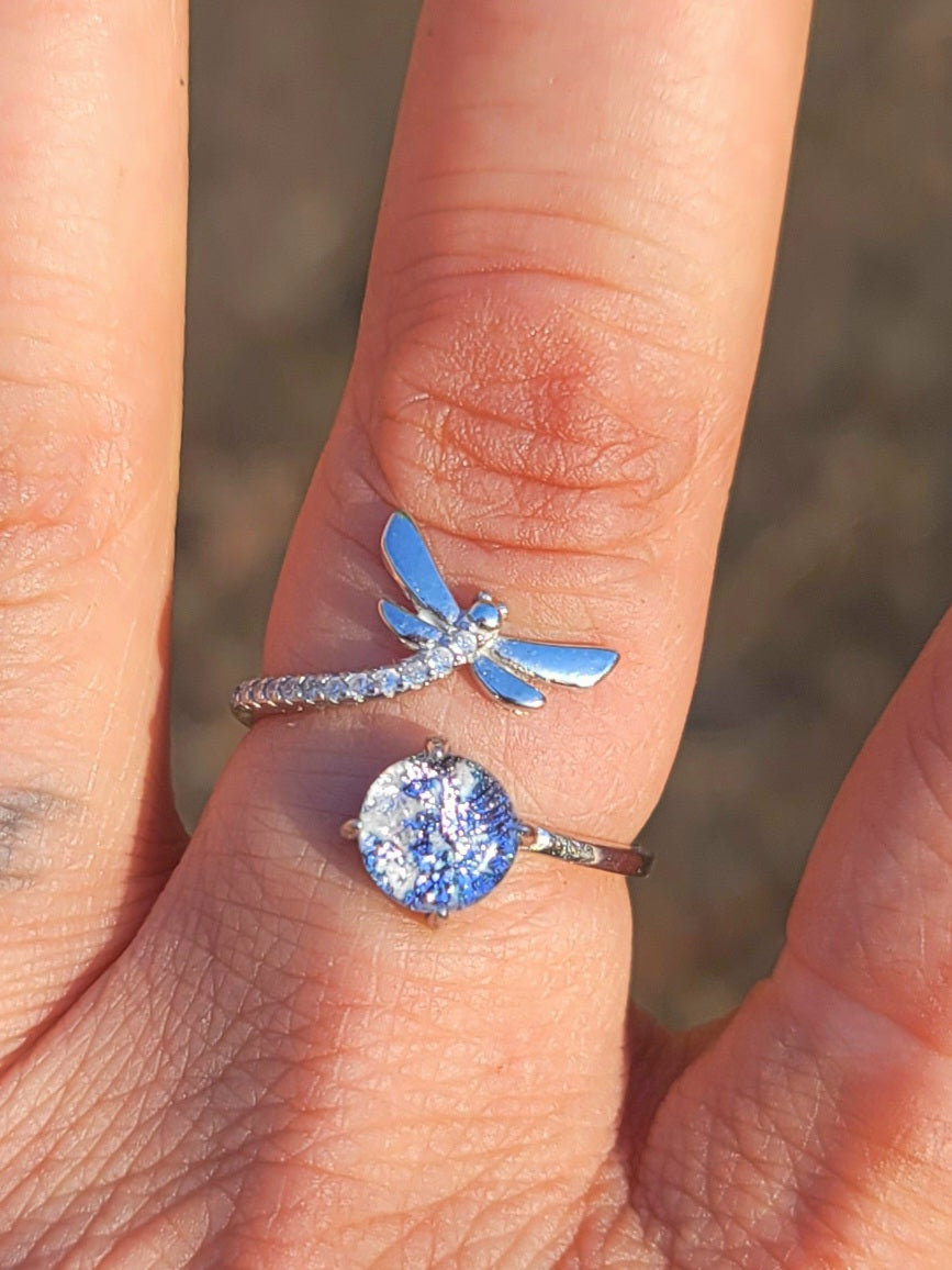 NEW CZ Dragonfly Cremation Ring for Ashes InFused Glass Sterling Silver Urn Adjustable Size Fits 6,7,8